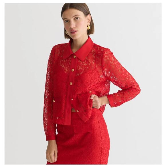 J Crew Red Lace Lady Shirt Jacket Blouse NWT - Picture 3 of 6